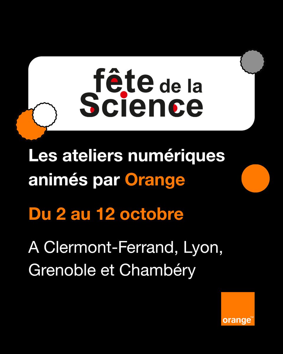 OrangeAuRA's tweet photo. Du 2 au 12 octobre, c'est la  #FêtedelaScience. Orange propose plusieurs rendez-vous dans la région.
Des ateliers et des jeux spécialement conçus pour sensibiliser les jeunes aux enjeux du numérique.

à Clermont-Ferrand :campus des Cézeaux
à Lyon : campus de la Doua
à Chambéry : Site Orange Chambéry Italie avec Eureka
à Grenoble : Minatec du CEA – Parvis des Sciences