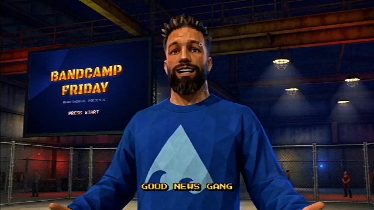 A video game screenshot from Bandcamp Friday showing a bearded character wearing a blue sweatshirt with a "Good News Gang" logo, standing in an industrial-looking arena with a screen displaying "BANDCAMP FRIDAY PRESS START".