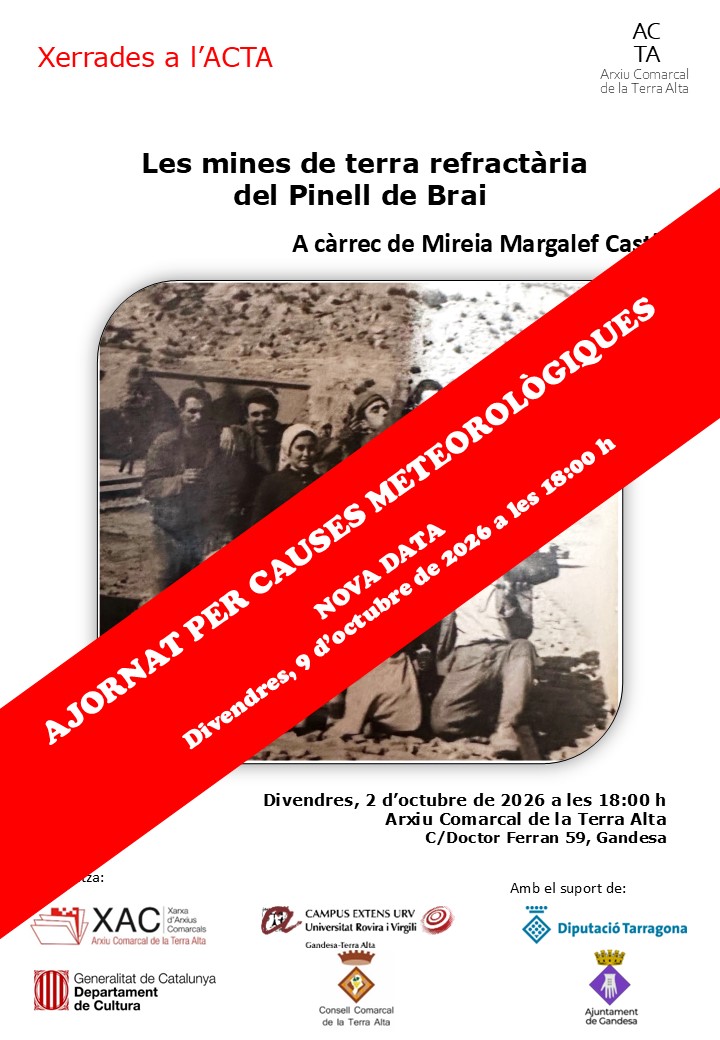 acterraalta's tweet photo. 🚨 ATENCIÓ!!!
⛈️La situació climatològica provocada pel front de tempestes que afecta les #TerresdelEbre ens obliga a ajornar la xerrada d'avui.
📅Nova data: el proper divendres 9 d'octubre a les 18:00 h
#XAC #Arxius @patrimonigencat 
#TerraAlta https://t.co/xJVQ8JyAhz