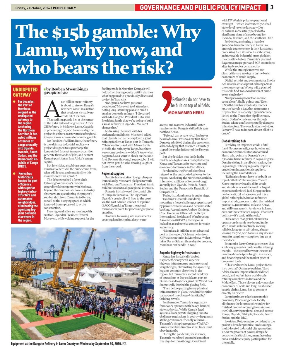 P_Monari's tweet photo. Critics: Lamu's $15B refinery has no crude to process.

Supporters: Singapore has no oil either, yet it's one of the world's biggest fuel exporters.

The real test? Beating cheap fuel from India &amp; the Middle East on price.

Where do you stand? 🇰🇪 #Lamu https://t.co/NHZMC2SlrH