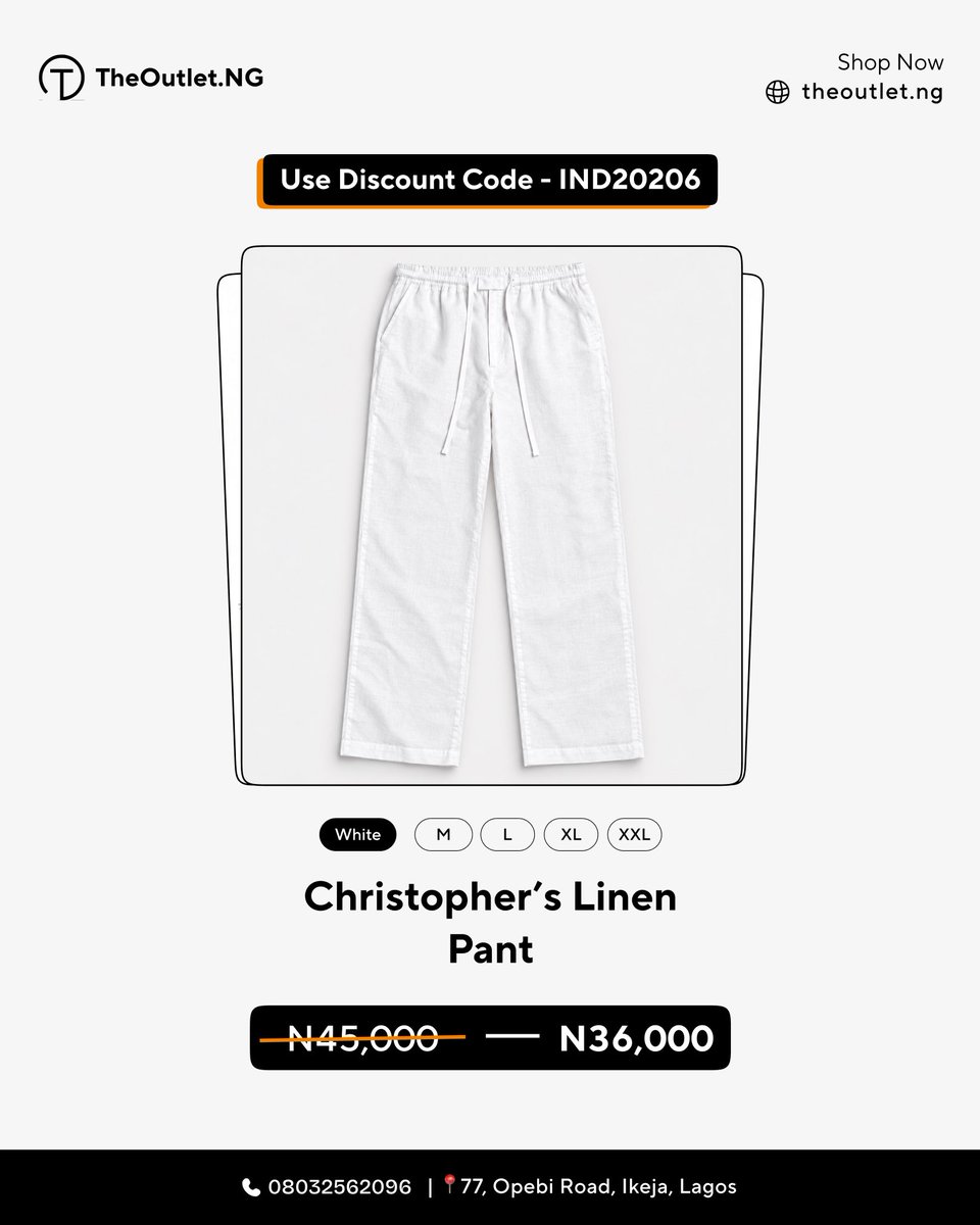 theoutlet_ng's tweet photo. Enjoy 20% OFF selected Green &amp; White Pants from October 1st -3rd

Use code IND202026 at checkout.

Shop here 👉 https://t.co/GhNPhTL1ke

📍 77 Opebi Road, Ikeja, Lagos

#theoutletng #discountsale #nigeriaindependence #mensshirts https://t.co/tEtcpKWR3V