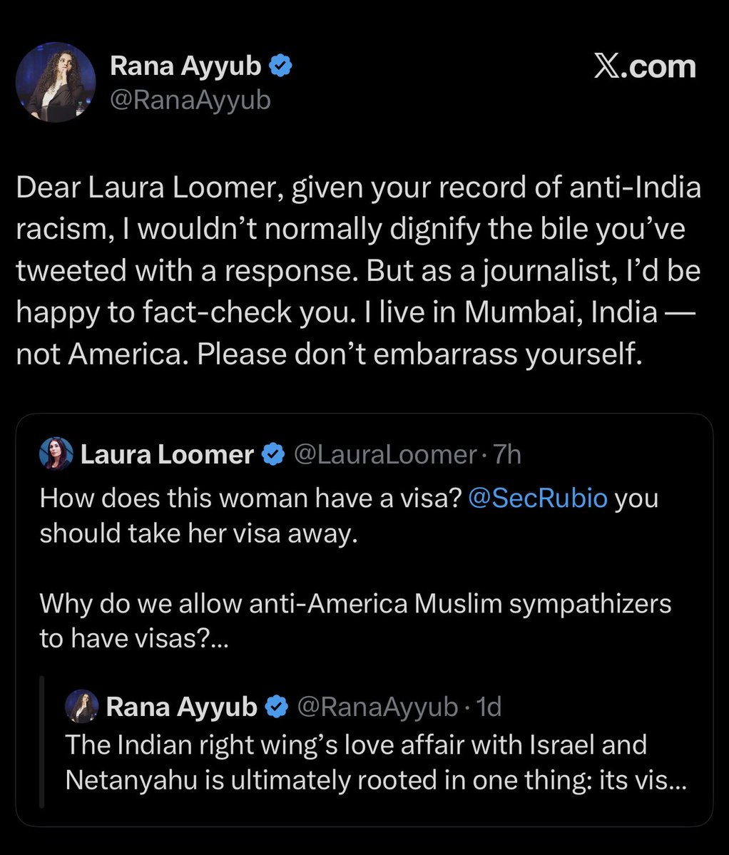 StarGirlonFire7's tweet photo. A big difference between Rana and Laura 

Laura Loomer is loyal to America while Rana Ayub hates India.
When a person isn’t  loyal to her motherland then that person is a piece of shit 
Therefore, Rana Ayub is a piece of shit. 
It’s not about Laura and her racism ,  it’s about you