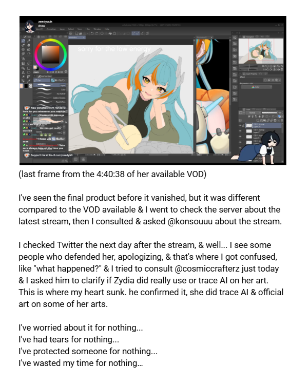 WeebGa's tweet photo. Final statement about this whole drama surrounding Zydia &amp; the HOLOSTARS fandom about the AI allegations &amp; an apology... https://t.co/tYrV5Jubct