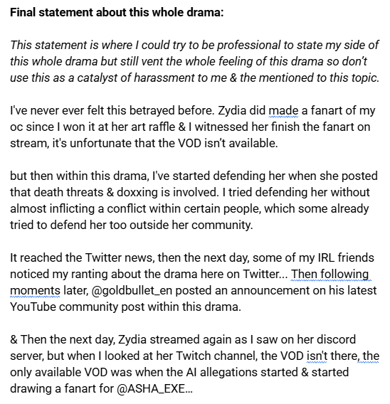 WeebGa's tweet photo. Final statement about this whole drama surrounding Zydia &amp; the HOLOSTARS fandom about the AI allegations &amp; an apology... https://t.co/tYrV5Jubct