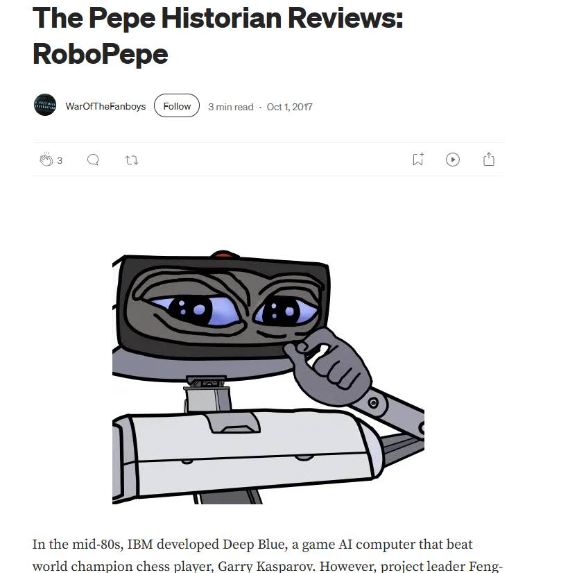 Bertn2if's tweet photo. back in 2017 there was a pepe created on medium called the "Robo Pepe, the pepe of agents".

It was created to be the communication between normal pepes and the evolving tech world of AI.
https://t.co/AuLLuSR3jD https://t.co/sQwsNX1oeA