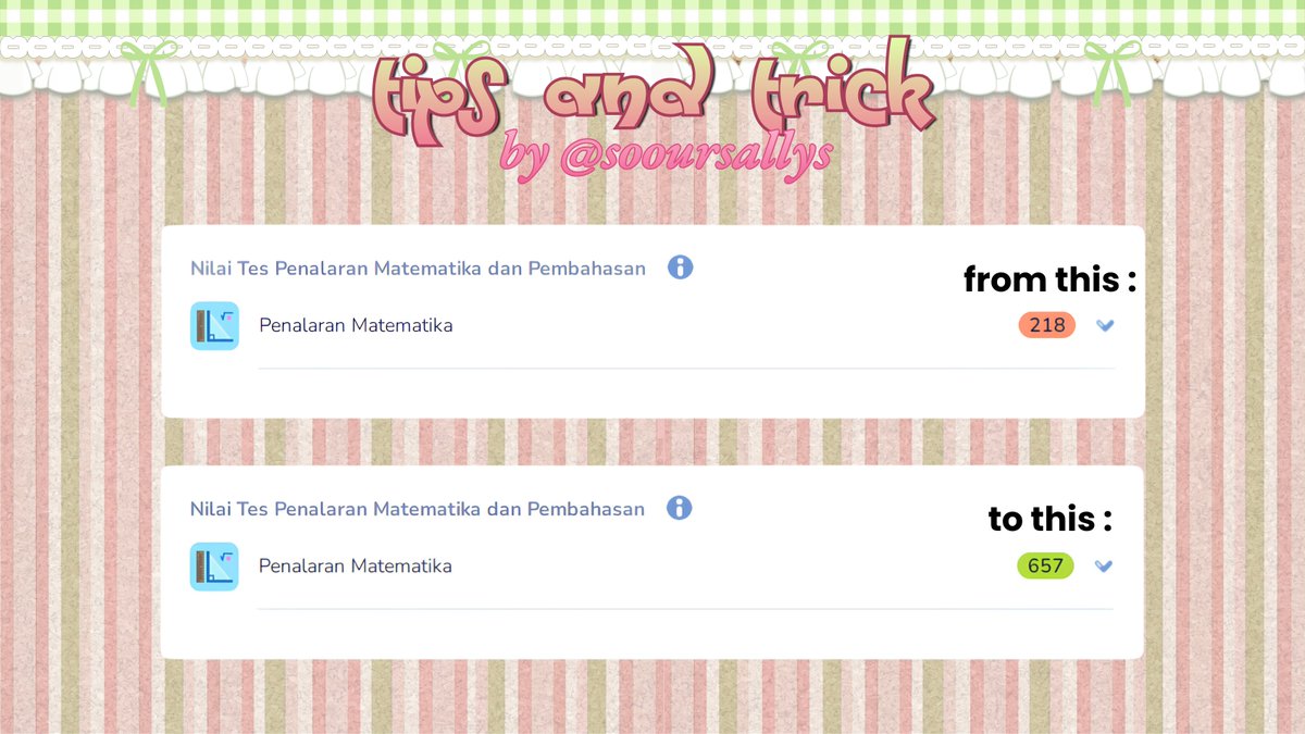 sooursallys's tweet photo. part 1: tips and trick gimana caraku upgrade skor Penalaran Matematika dari 218  → 657 📈

help like, comment, rt! thankyou
a thread by @sooursallys https://t.co/lMFLNqdGYJ