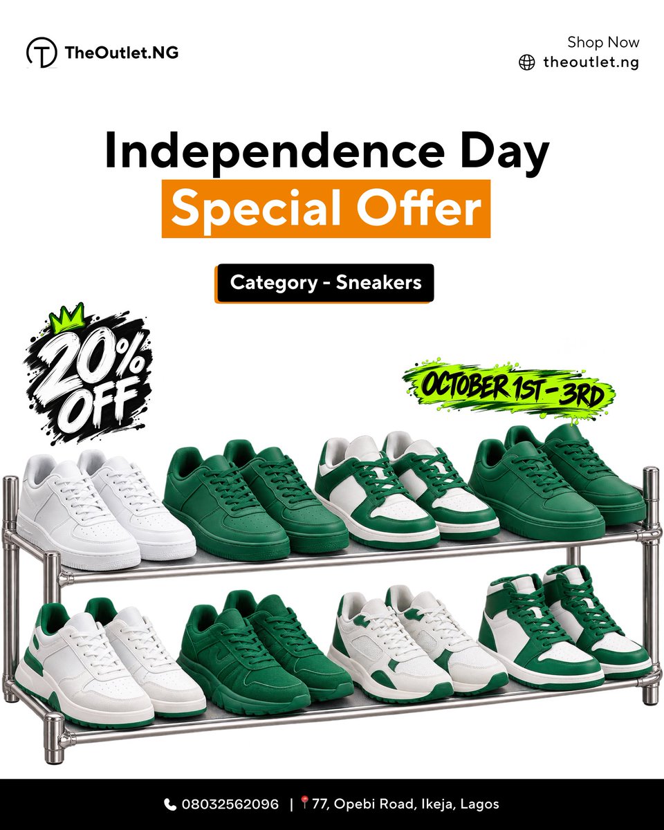 theoutlet_ng's tweet photo. Enjoy 20% OFF selected Green &amp; White Sneakers from October 1st -3rd

Use code IND202026 at checkout.

Shop here 👉 https://t.co/GhNPhTL1ke

📍 77 Opebi Road, Ikeja, Lagos

#theoutletng #discountsale #nigeriaindependence https://t.co/L1oWTqUQ1y
