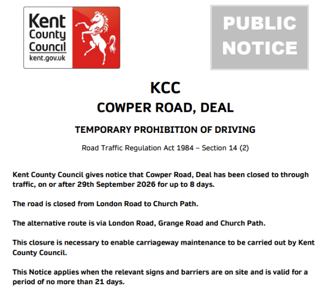 KentHighways's tweet photo. Deal, Cowper Road: Road closed 29th September for up to 8 days to allow for @KentHighways carriageway maintenance works: https://t.co/DMMZlAa1XK https://t.co/qm4njfJWWl