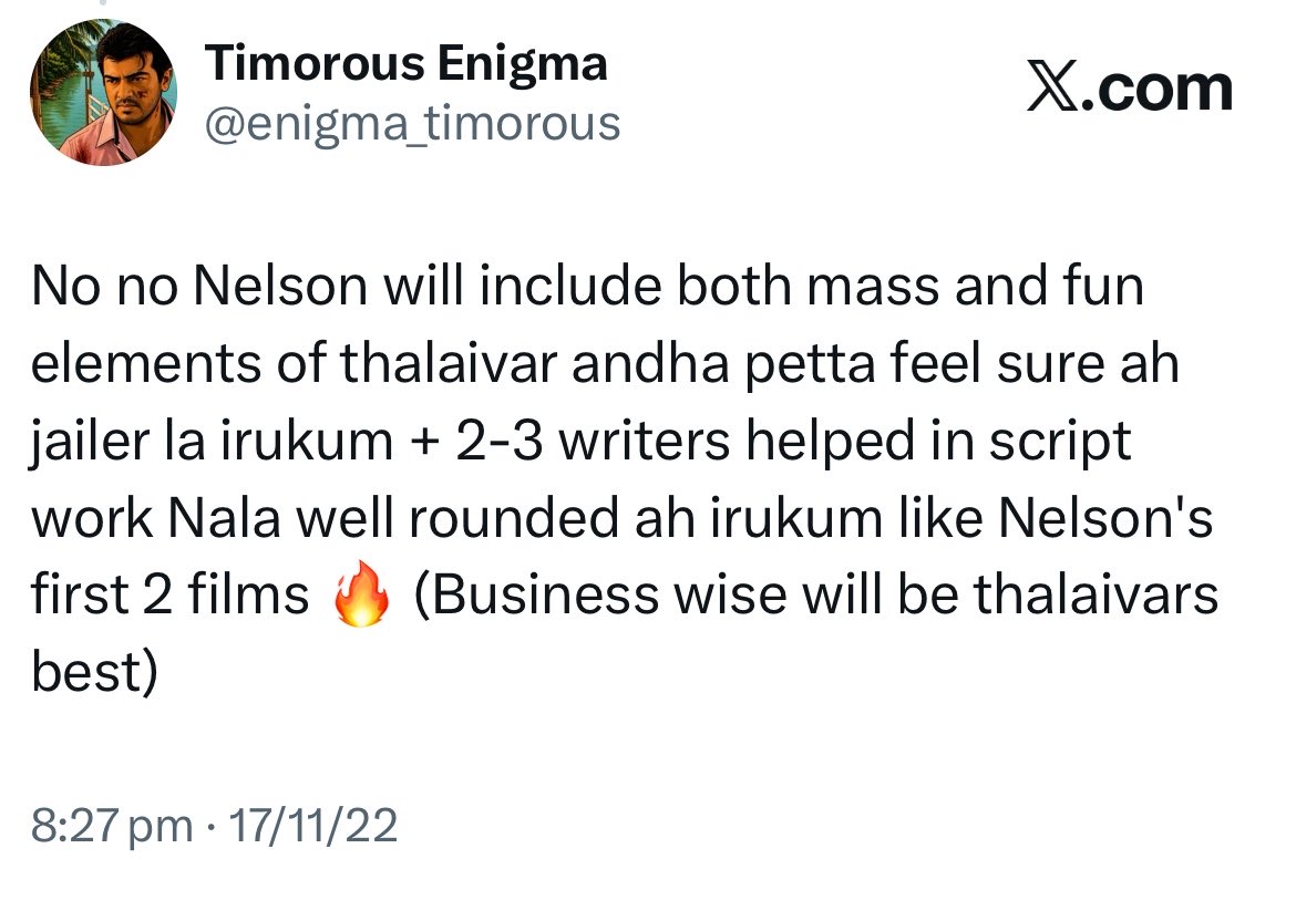 enigma_timorous's tweet photo. Hope you all remember my categoric prediction before #Jailer first part 🔥in 2022

Current gen filmmakers know their craft 

I also predicted Siruthai siva will be field out in post covid era and will be totally exposed without Ajith kumar call sheet ✅ 

BOTH 🎯 

#Jailer2 🔥 https://t.co/LGzA1o0waB