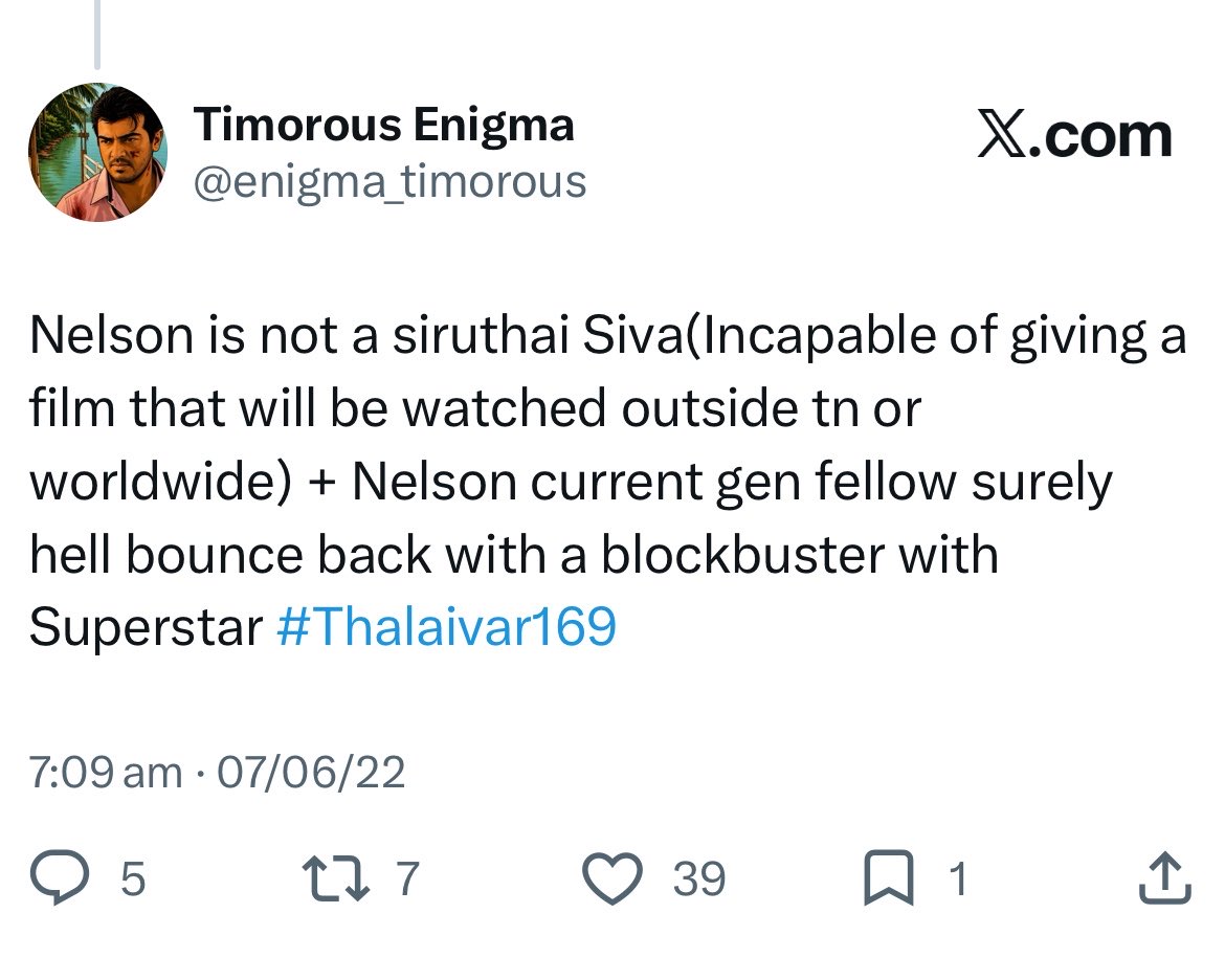enigma_timorous's tweet photo. Hope you all remember my categoric prediction before #Jailer first part 🔥in 2022

Current gen filmmakers know their craft 

I also predicted Siruthai siva will be field out in post covid era and will be totally exposed without Ajith kumar call sheet ✅ 

BOTH 🎯 

#Jailer2 🔥 https://t.co/LGzA1o0waB
