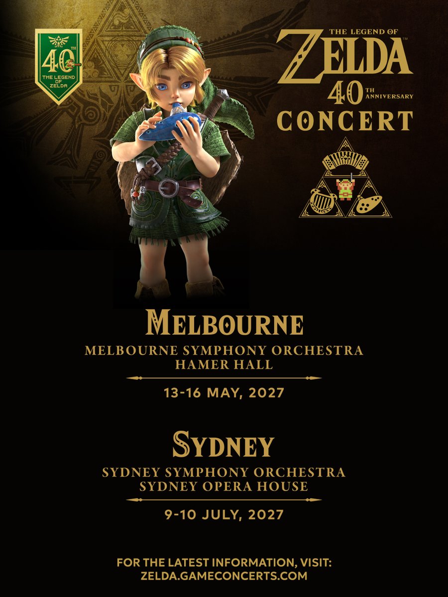 NintendoAUNZ's tweet photo. Ticket sales for The Legend of Zelda 40th Anniversary concerts in Melbourne and Sydney commence soon, beginning with Melbourne from next week. 

Find out more: https://t.co/AKEP2V49BY https://t.co/qznetNZFll