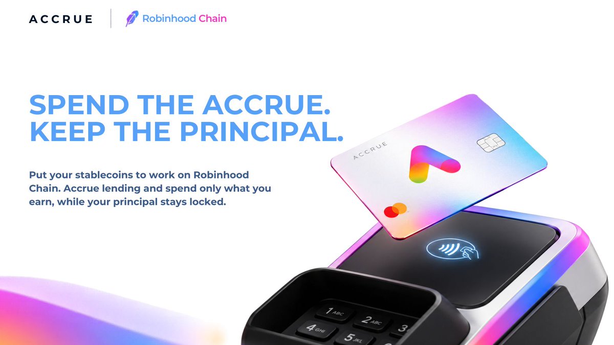 Accrue_Onl's tweet photo. Spend the Interest, Keep the Principal 💳🔒

Put your stablecoins to work on Robinhood Chain! Earn lending interest and cover your everyday expenses using only your yield, while your initial deposit stays 100% locked. https://t.co/OJFaU39ovu