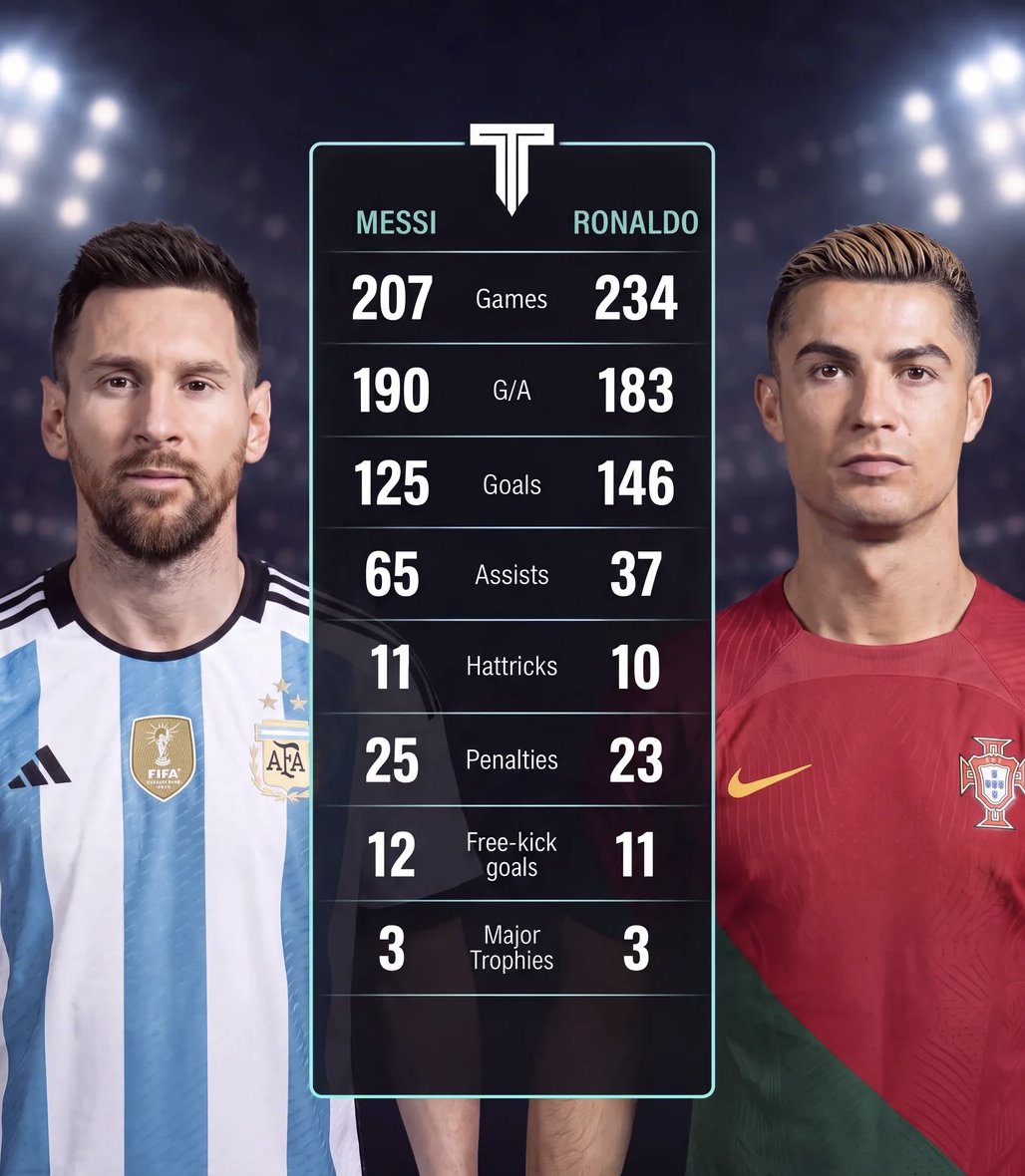 TouchlineX's tweet photo. 🚨 𝗖𝗢𝗠𝗣𝗔𝗥𝗜𝗦𝗢𝗡: And now the debate over which player has had the GREATER international career will BEGIN! 🇦🇷🇵🇹 https://t.co/FGPzMCJ3vl