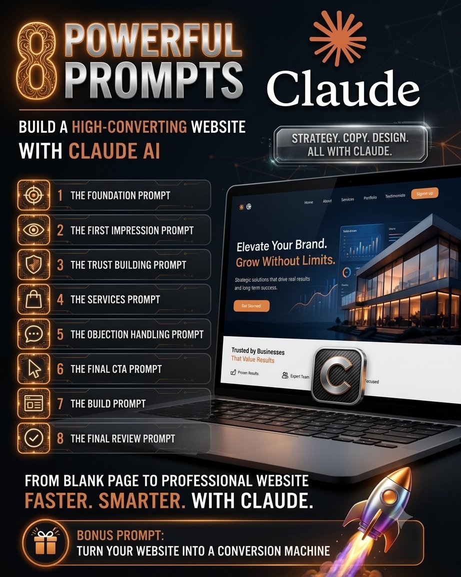 AiwithFatima's tweet photo. 8 Powerful Claude Prompts to Build a Website 🚀

From foundation to final review—with a bonus conversion prompt.

High-tech promotional graphic: “8 Powerful Prompts”

BONUS: Conversion Optimization Prompt.

Save this + Follow @Mahfuz_AI for more AI tools &amp; prompts. https://t.co/KL5PMSo82g