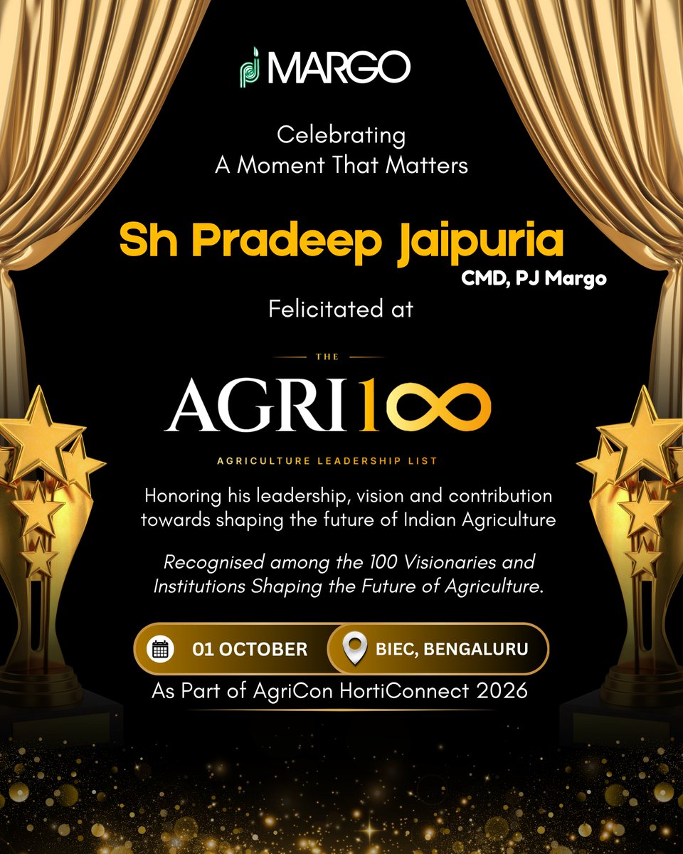 PJMARGOBIO's tweet photo. Celebrating a moment of immense pride and distinction! 🌱✨ Sh. Pradeep Jaipuria, CMD, PJ Margo, has been honoured at the prestigious Agri100 2026, an esteemed initiative by Krishi Jagran.
#PJMARGO #Agri1002026 #KrishiJagran #SustainableAgriculture #ResidueFreeAgriculture #MARGO https://t.co/dD9972yK2P