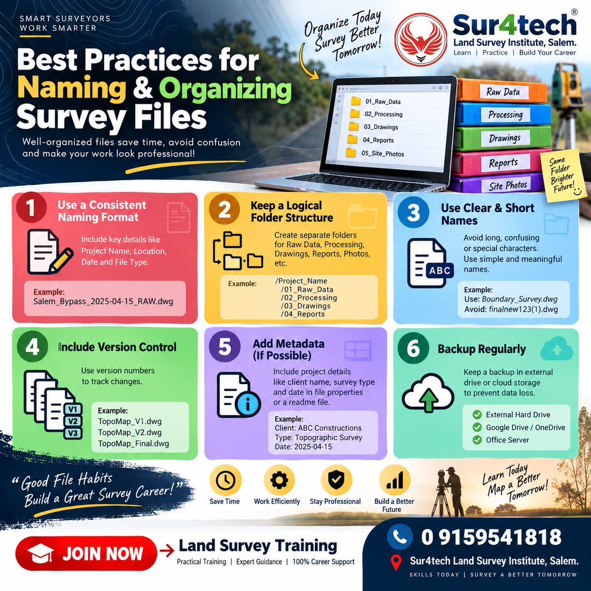 Land_Survey_Edu's tweet photo. 📂 Best Practices for Survey Files!
✅Use clear names
✅Create structured folders
✅Maintain version control
✅Back up data
✅Verify before submission
Learn land surveying at Sur4Tech, Salem! 🎓
📞7708010118
#LandSurveying #SurveyingTips #TotalStation #DGPS #Sur4Tech https://t.co/XvexsfQFNK