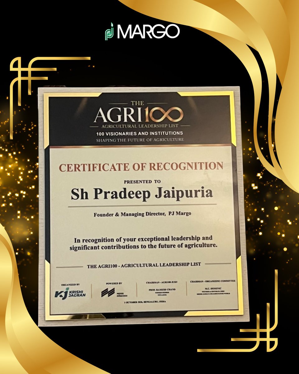 PJMARGOBIO's tweet photo. Celebrating a moment of immense pride and distinction! 🌱✨ Sh. Pradeep Jaipuria, CMD, PJ Margo, has been honoured at the prestigious Agri100 2026, an esteemed initiative by Krishi Jagran.
#PJMARGO #Agri1002026 #KrishiJagran #SustainableAgriculture #ResidueFreeAgriculture #MARGO https://t.co/dD9972yK2P
