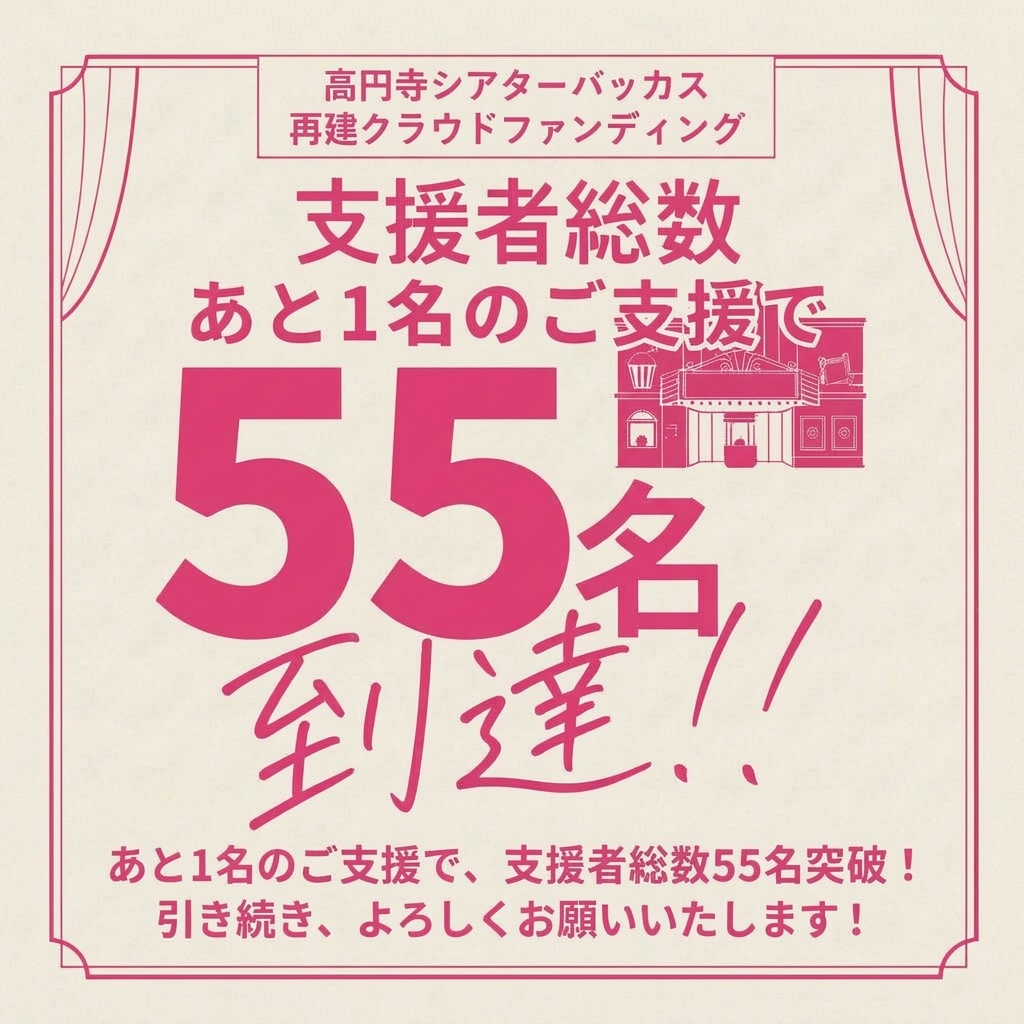 TheaterBacchus's tweet photo. ⭐まもなく55名達成⭐

高円寺の #ミニシアター「高円寺シアターバッカス」のクラファンがあと1名のご支援で、
【支援者総数55名】を突破します✨

「#貸館（レンタル：25,000円/3時間）～」などリターンも充実！

ご支援、宜しくお願いします🔥
👉https://t.co/JTpL4RF17h

#クラウドファンディング https://t.co/HcEKjvVYPj