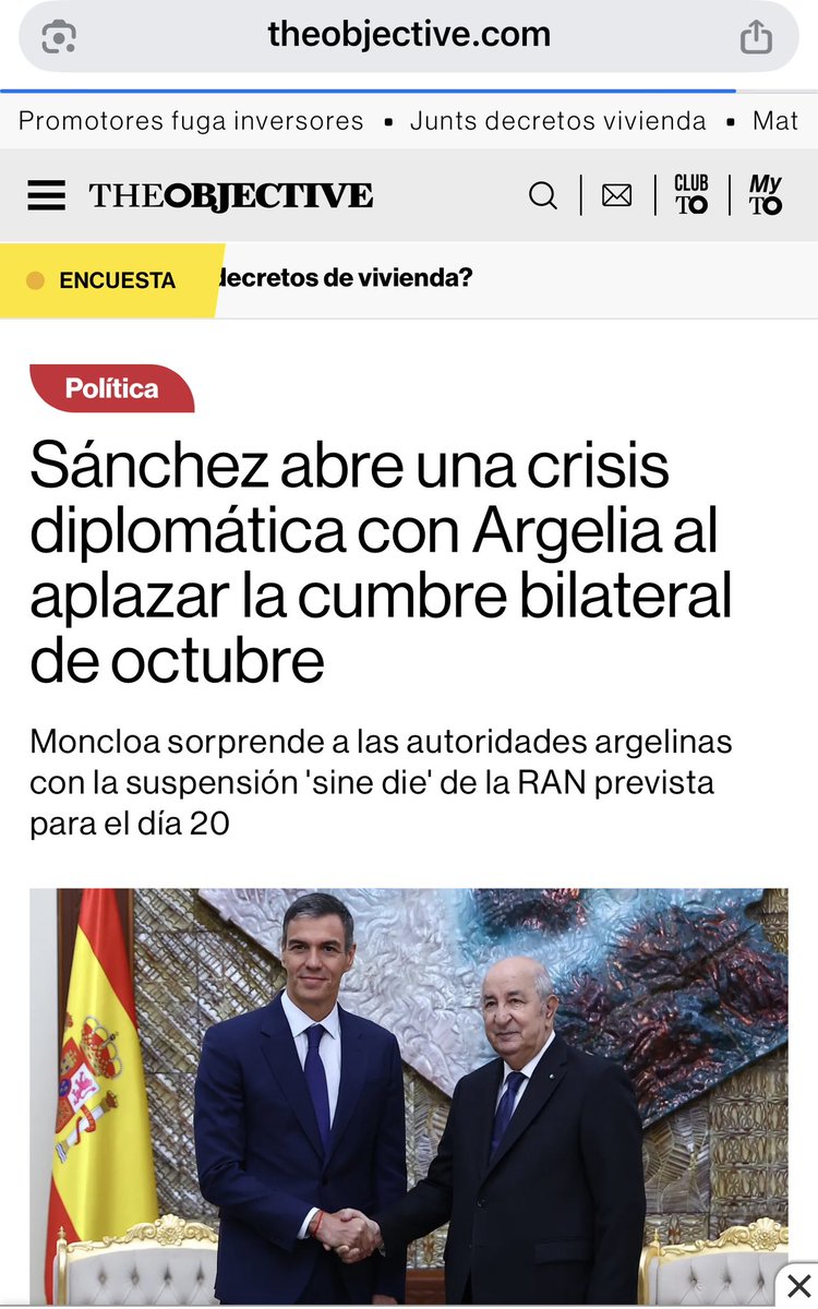 HarbazNabil's tweet photo. 🔴 تأجيل القمة الإسبانية الجزائرية… توتر جديد في علاقات مدريد والجزائر؟
ذكرت صحيفة The Objective أن حكومة بيدرو سانشيز أجّلت إلى أجل غير مسمى القمة الثنائية التي كانت مقررة يومي 20 و21 أكتوبر في مدريد، رغم أن التحضيرات لها كانت جارية.
وبحسب مصادر دبلوماسية نقلت عنها الصحيفة، قد يكون لزيارة ملك إسبانيا إلى سبتة ومليلية يومي 13 و14 أكتوبر دور في هذا التأجيل، تفادياً لما قد تعتبره الرباط استفزازاً. كما أشا�� التقرير إلى استياء جزائري على خلفية  الإفراج المؤقت عن المعارض أيوب عيسيو والآن التأجيل 

لكن مدريد لم تعلن سبباً رسمياً للتأجيل،

المصدر: The Objective
https://t.co/6Veu4hJ605

#إسبانيا #الجزائر #المغرب #بيدرو_سانشيز #العلاقات_الإسبانية_الجزائرية #سبتة #مليلية #السياسة_الخارجية