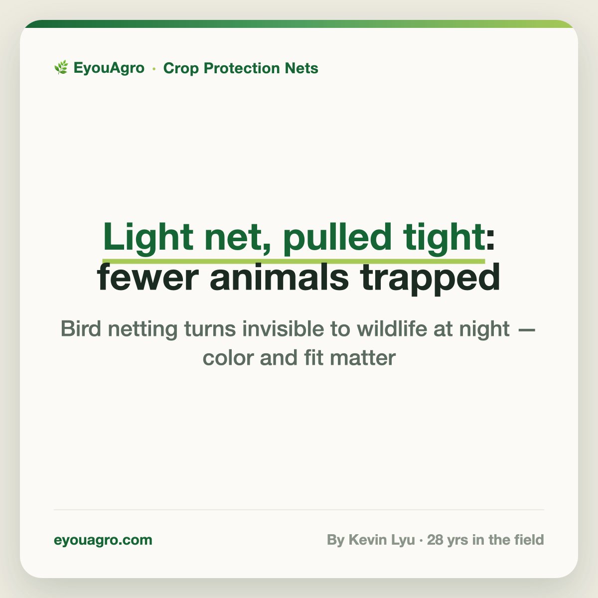 eyouagro's tweet photo. Your bird net can turn into an 𝗶𝗻𝘃𝗶𝘀𝗶𝗯𝗹𝗲 𝘁𝗿𝗮𝗽 at night. Light-coloured net, kept taut, checked daily — SA guidelines say that saves wildlife 🐦
https://t.co/p85d4mFEiW https://t.co/L1TJH1QaTG