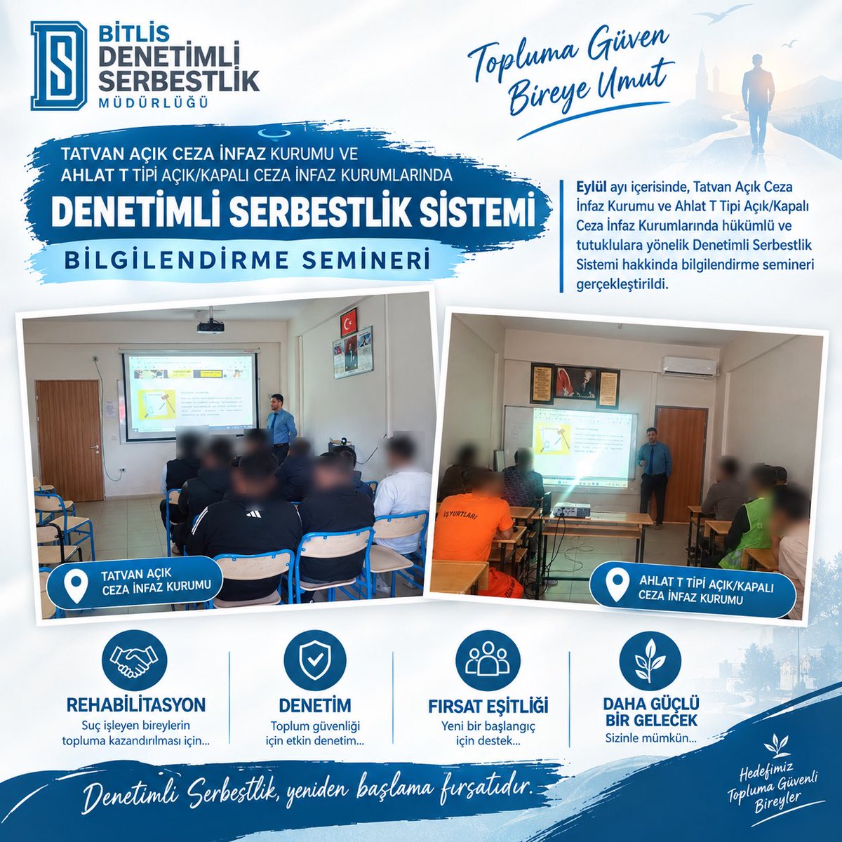 BitlisDSM's tweet photo. Eylül ayında Tatvan Açık ve Ahlat T Tipi Açık/Kapalı Ceza İnfaz Kurumlarında hükümlü ve tutuklulara yönelik Denetimli Serbestlik Sistemi Bilgilendirme Seminerleri gerçekleştirildi.

Bilgilendiriyor, rehberlik ediyor, topluma yeniden kazandırma sürecine katkı sunuyoruz.
#BitlisDSM https://t.co/488Wl2OkUO