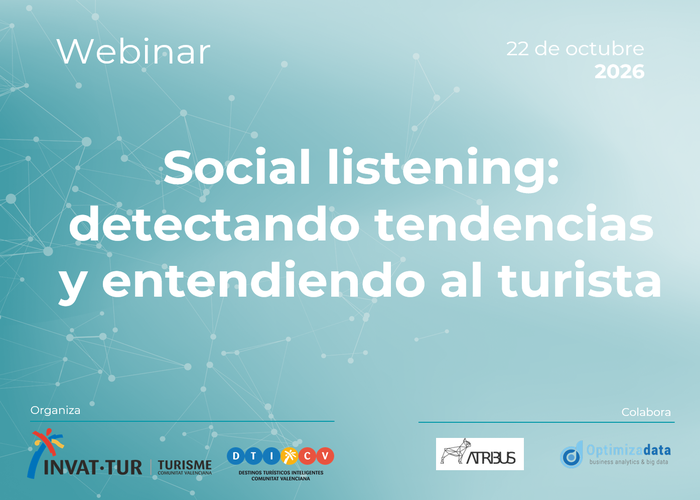 GVAinvattur's tweet photo. 📢 "Social listening: detectando tendencias y entendiendo al turista" será el tema del siguiente webinar #DTICV que tendremos el próximo día 22 y en el que contaremos con la participación de @optimizadata y @atribusES.

ℹ️ Inscripciones: https://t.co/Pj1sC2NpWh

¡Os esperamos! https://t.co/Sbj8fN10uV