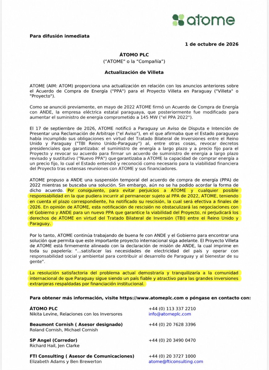 acostasamu's tweet photo. Picante la ultima parte del comunicado de la firma británica 🇬🇧 #Atome cuando dice que espera resolver esta controversia sobre las tarifas con la #ANDE y que una resolución satisfactoria: "tranquilizaría a la comunidad internacional de que #Paraguay 🇵🇾 sigue siendo un país #fiable y atractivo para las grandes inversiones extranjeras".