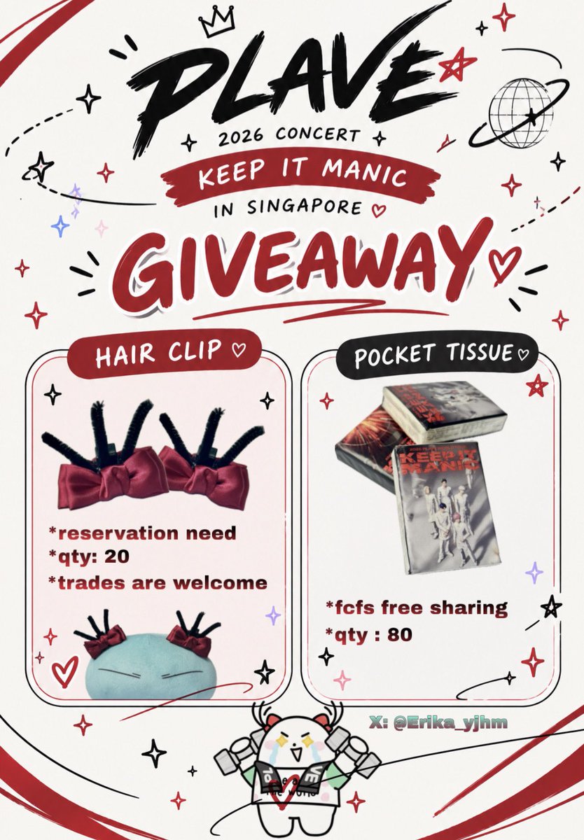 Erika_yjhm's tweet photo. PLAVE [Keep it Manic Singapore] 

I’ll be giving away pocket tissues and PLLI hair clips.

I only have a few qty of hair clips. So, feel free to DM me if you wanna reserve or Trade. 🤗

Date: 17th Oct
Time &amp; exact location TBA later

#KeepItManicSG #KEEP_IT_MANIC_in_Singapore https://t.co/IoWw0zeGgw