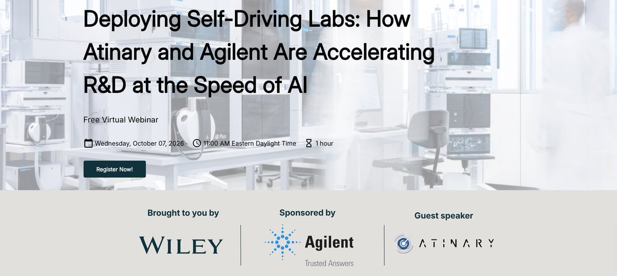 AtinaryTech's tweet photo. Join next week’s webinar with @Agilent on how we deploy #SelfDrivingLabs!

Experts from Agilent &amp; Atinary reveal how the first fully integrated Self-Driving Lab for small molecule organic synthesis was designed &amp; deployed to augment scientists.

Register: https://t.co/utcj6aWhxr https://t.co/ZHtZwSMoMS