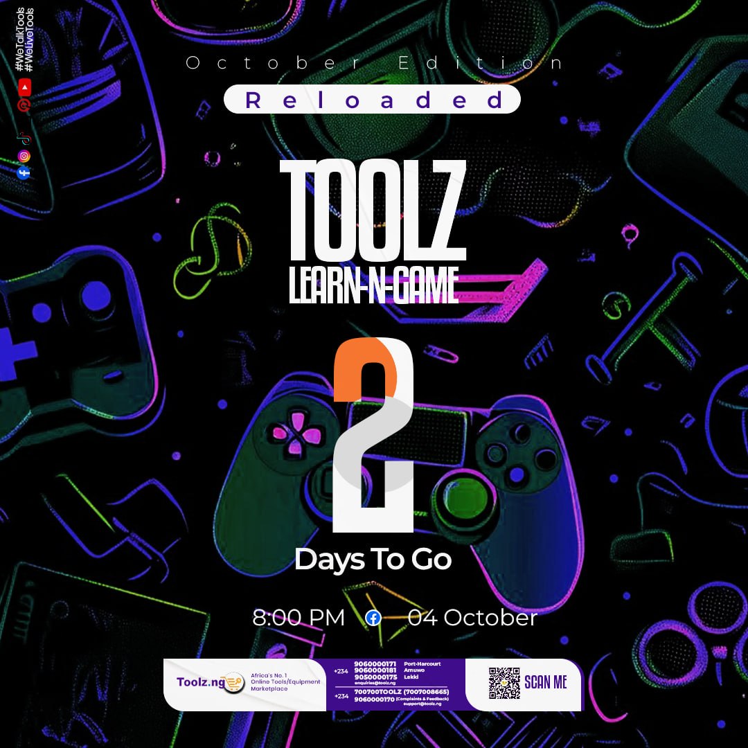 ToolzngOfficial's tweet photo. 2 DAYS TO GO!
We’re Almost There!
Think You’ve Got What It Takes?
Get Ready To PLAY, LEARN & WIN!
enquiries@toolz.ng
#WeTalkTools
#WeLiveTools
#ToolzChallange #ToolzQuiz #WinWithToolz #ToolzLearnNGame https://t.co/BhWthebM1t