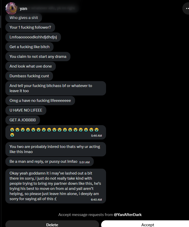 Eraruo's tweet photo. @sdsdsdasdahwbw Not to mention @YanAfterDark straight up harassing me in dms over it https://t.co/qFOW6v0Z9R