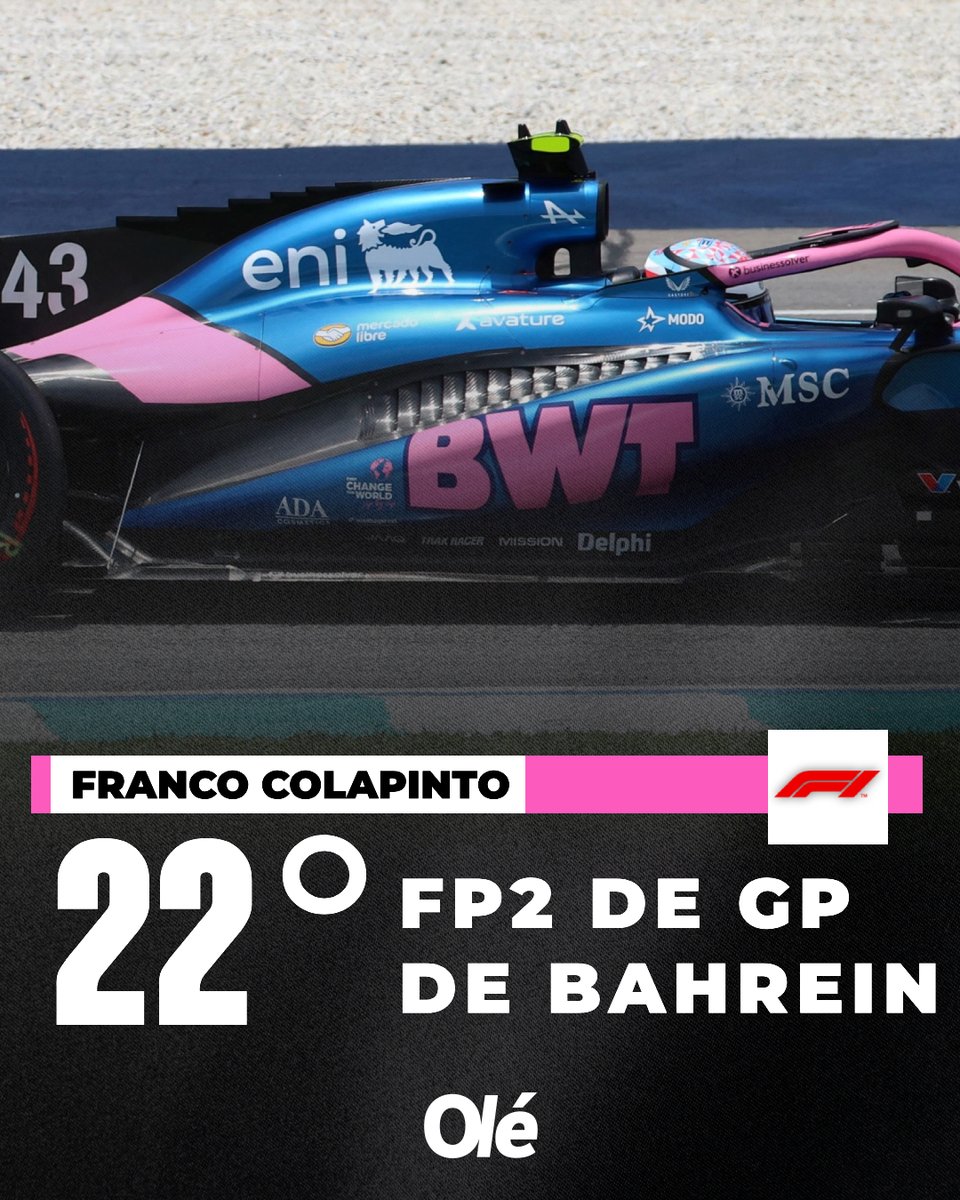 DiarioOle's tweet photo. COLAPINTO TERMINÓ 22° EN LA FP2 DEL GP DE BAHREIN EN MALASIA 🏁

🔙 El piloto argentino, que giró casi toda la prueba con tanque lleno y completó 26 vueltas, venía de terminar 19° en la FP1 

🤝 Pierre Gasly, por su parte, quedó 10°

⏰ El sábado habrá FP3 (1.30 AM) y clasificación (5.00 AM)