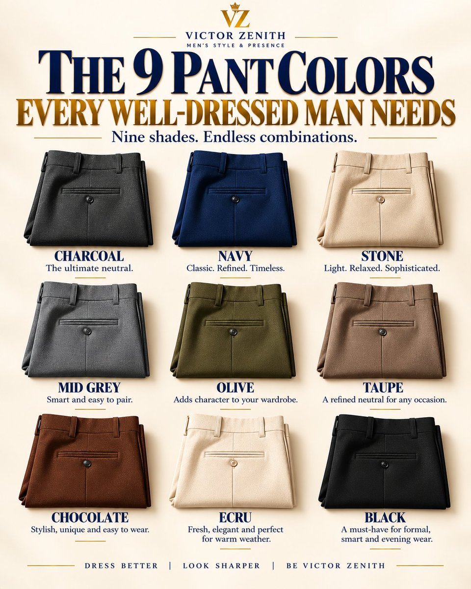 Victor_Zenith1's tweet photo. 9 PANT COLORS EVERY WELL-DRESSED MAN SHOULD KNOW. 👔
The real question: Which one do you wear the most?
Save this guide. You’ll come back to it.
#VictorZenith #MensStyle #MensFashion #StyleGuide #DressBetter https://t.co/pqbvJ3udyT