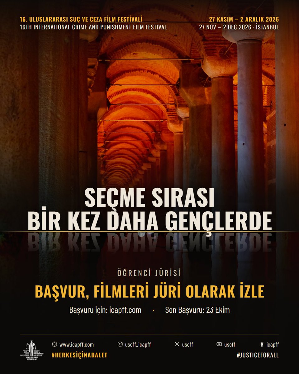 USCFF's tweet photo. 16. Uluslararası Suç ve Ceza Film Festivali’nde yer alarak Av.Emre Özmen Ödülü’nü kazanacak filmi seçmek üzere öğrenci jürisi başvuruları açıldı. 

Öğrenci jürisi Altın Terazi Uzun Metraj Film Yarışması seçkisinde yer alan filmleri izleyerek kendi birincilerini seçecekler. Seçme sırası bir kez daha gençlerde. 

Aşağıdaki koşullar uygunsa #başvurfilmlerijüriolarakizle

Katılım Koşuları:

⚖️İstanbul’da bulunan bir üniversitede lisans öğrencisi olmak
⚖️Festival tarihlerinde yarışma filmlerini izlemeye engel durumu olmamak.
⚖️Festival web sayfasından 23 Ekim tarihine kadar başvuru formunu doldurmuş olmak.

#seçmesırasıgençlerde #uscff2026 #icapff2026 #herkesiçinadalet