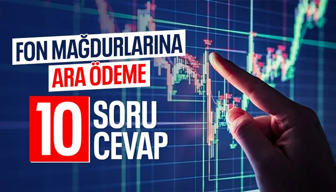 A hand touches a financial chart with candlestick patterns, overlaid with Turkish text reading "FON MAĞDURLARINA ARA ÖDEME" (Interim Payment to Fund Victims) and "10 SORU CEVAP" (10 Questions Answers), introducing a guide addressing investor concerns about fund liquidation payments following the Capital Markets Board's (SPK) interim payment announcement.