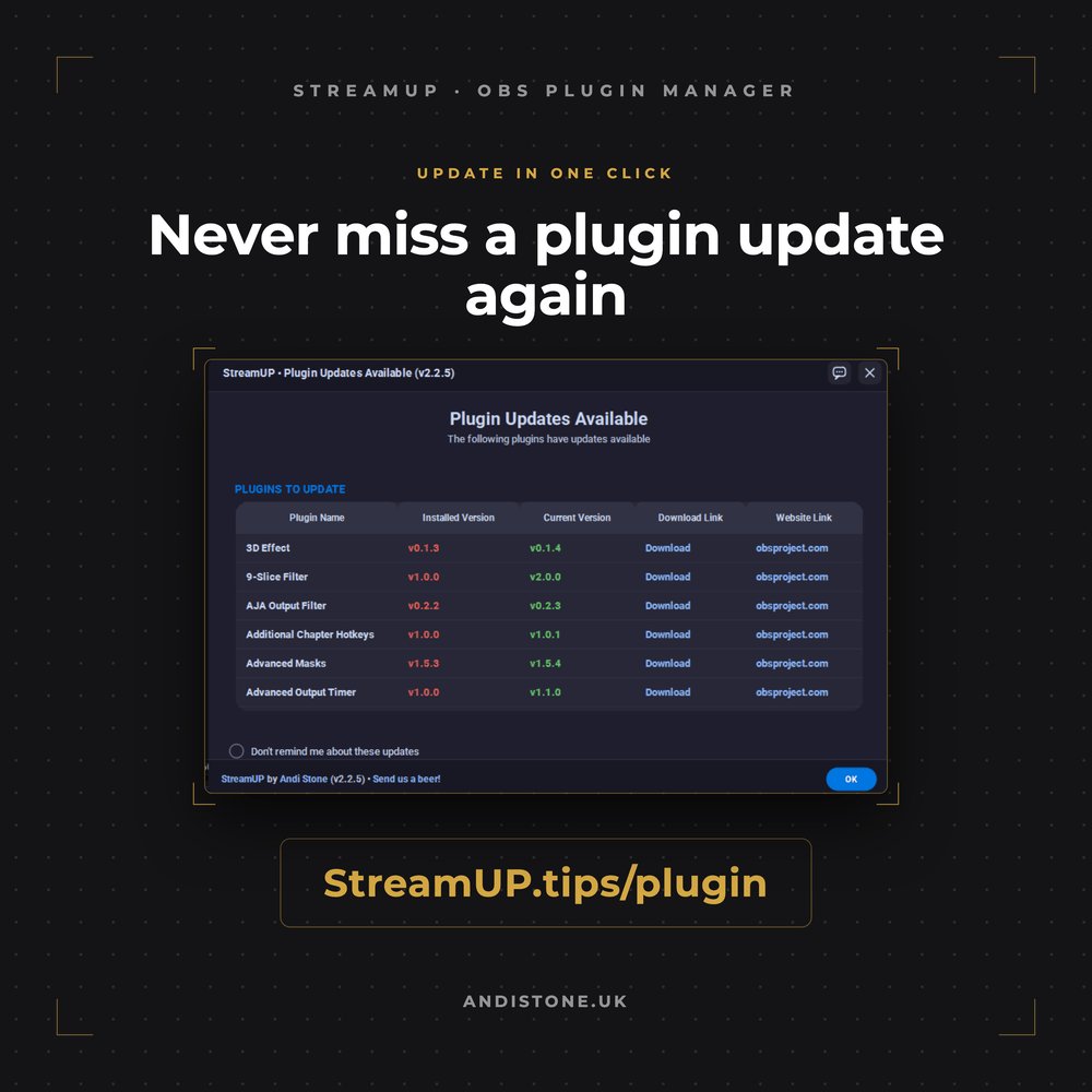 Andi_Stone's tweet photo. Keeping on top of plugin updates by hand gets old fast.

The @StreamUPtips OBS Plugin Manager tells you what is out of date and updates it in one click. That is the screenshot above.

https://t.co/QHBL1eNLKI https://t.co/NIJSHXyC9z