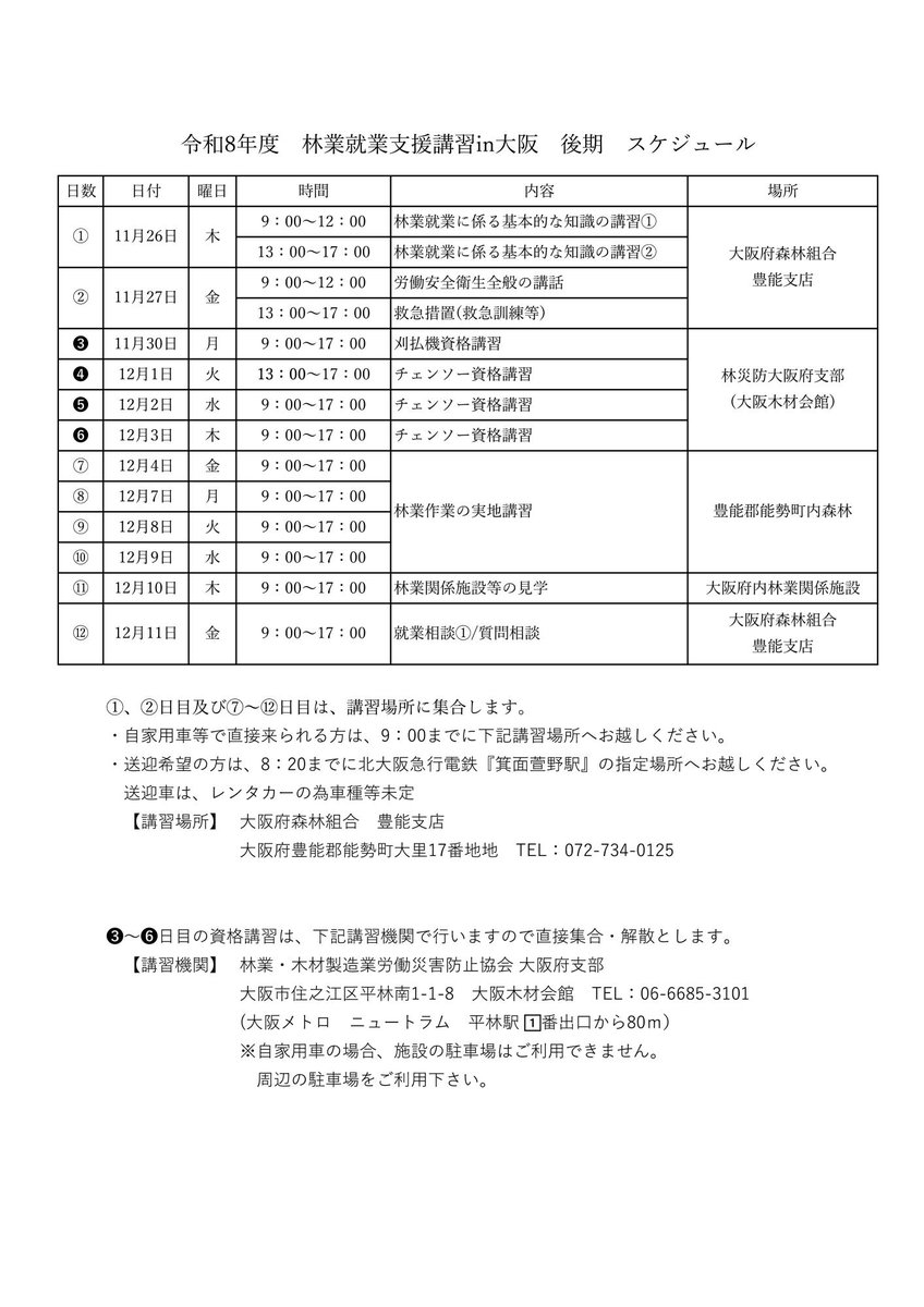 ringyou_shien's tweet photo. ˗ˏˋ林業就業支援講習 ＠大阪🐙ˎˊ˗
『Let's Try 林業👍』
大阪の森で12日間の充実体験✨

【厚労省委託事業】受講料無料!!
駅からの送迎あり🚙林業体験講習会⛑

🌳日程:2026/11/26～12/11 ※12日間
🌳場所: 豊能郡能勢町ほか

詳細はコチラ👀
https://t.co/LtrGHbdCkt

#林業 #移住 https://t.co/vBBDGJpU4A
