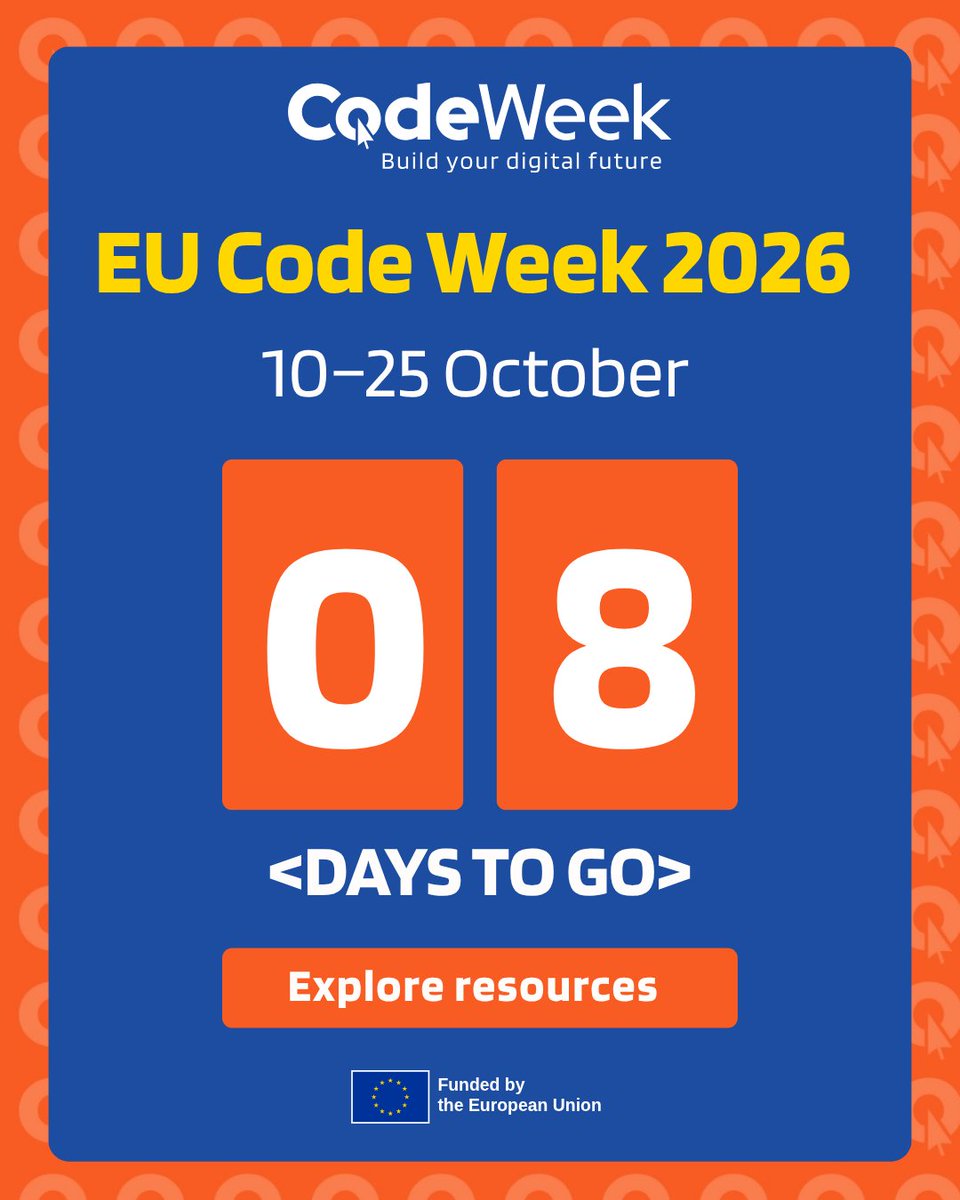 CodeWeekEU's tweet photo. Only 8 days until #EUCodeWeek 2026! 🚀

Bring coding and digital creativity to your learners. Explore ready-to-use lesson plans, activity ideas, and tools:
👉 https://t.co/06OpNb6sSD

What are you organizing this year? Tell us below! 👇

#EUCodeWeek https://t.co/yksywPVWL5