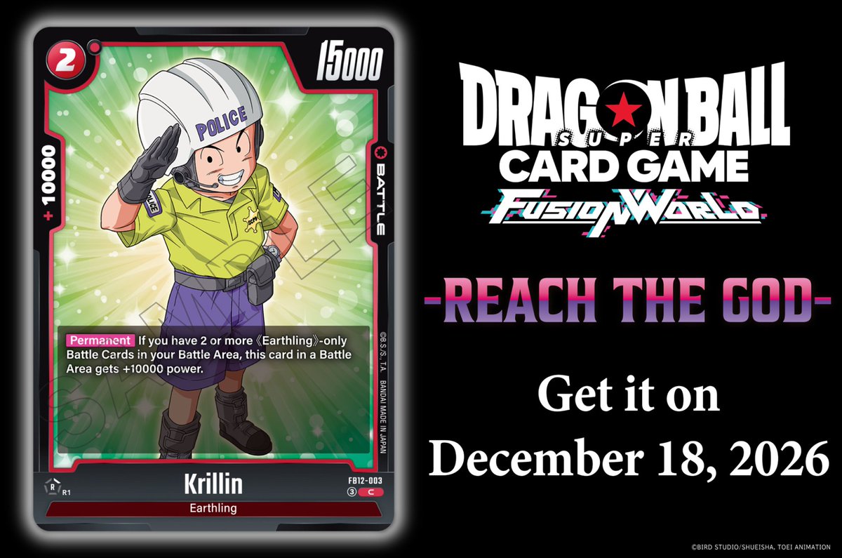 dbfw_cardgameEN's tweet photo. [FB12 Card Reveals]
Today we're revealing the Battle Card Krillin from the Booster Pack REACH THE GOD [FB12]!
It'll be released on Dec. 18 2026!

Details: https://t.co/aRhbvoGnYd

#DragonBall
#dbfw
#FusionWorld
#dbscardgame https://t.co/08OPo1xCj6