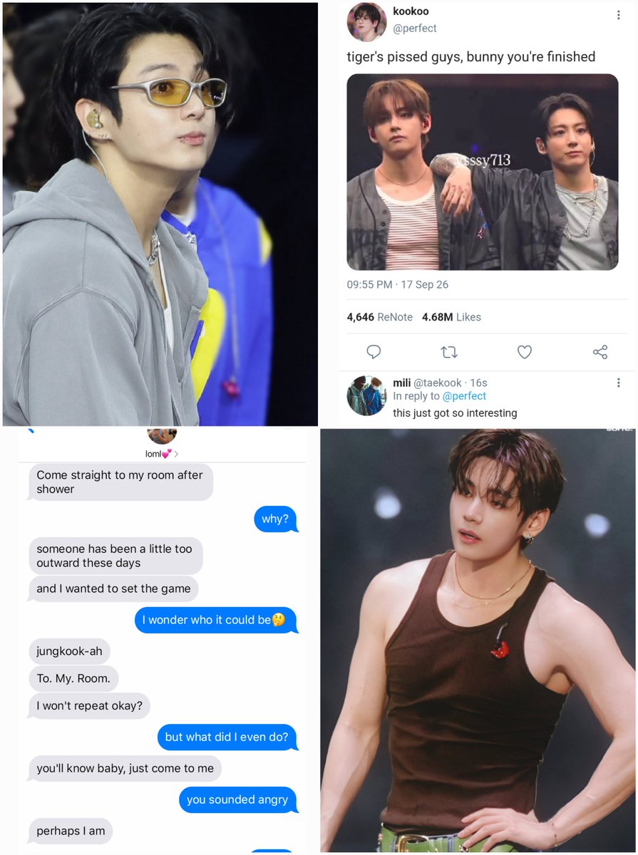 loveibunv's tweet photo. #taekookau where,

Due to back to back concerts, Taehyung becomes soft and rarely ever gets rough on him in bed. But Jungkook being the biggest brat, makes it his mission to bait the older into ruining him completely. https://t.co/Th73r3M6yb