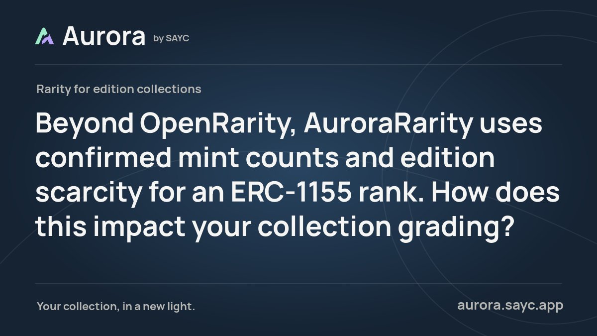 AuroraBySAYC's tweet photo. Beyond OpenRarity, AuroraRarity uses confirmed mint counts and edition scarcity for an ERC-1155 rank. How does this impact your collection grading? https://t.co/gpbWeZ0Exf