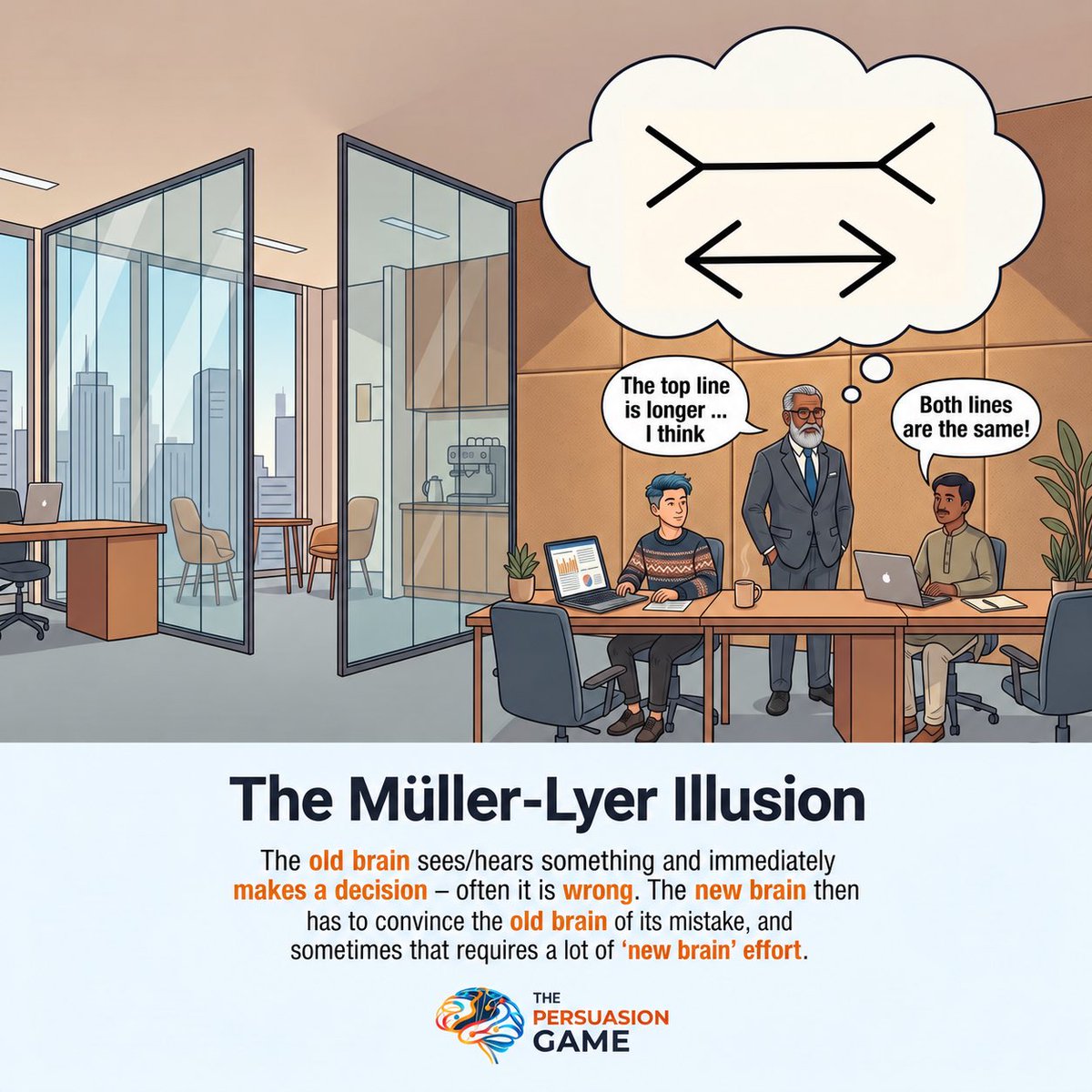 Persuasion_Game's tweet photo. Sometimes it seems like the world is one big Muller-Lyer illusion as lots of people keep arguing that one line is longer. #think #newbrainthinking #psychology https://t.co/j7rOYaJoef