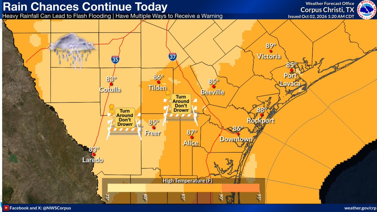 NWSCorpus's tweet photo. Plenty of moisture in the area combined with a lingering frontal boundary will keep rain chances in South Texas through the overnight hours. High temperatures, as a result, will be slightly-below to near-normal today. We keep the rain chances in the forecast through Tue. https://t.co/KxNWW5LNvT