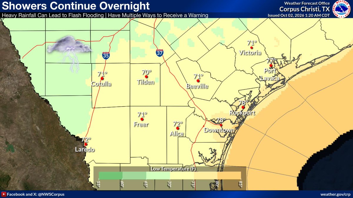NWSCorpus's tweet photo. Plenty of moisture in the area combined with a lingering frontal boundary will keep rain chances in South Texas through the overnight hours. High temperatures, as a result, will be slightly-below to near-normal today. We keep the rain chances in the forecast through Tue. https://t.co/KxNWW5LNvT