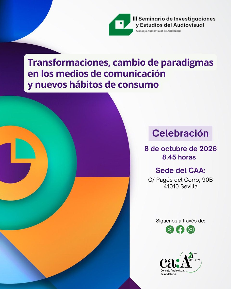 CAudiovisualAnd's tweet photo. El próximo 8 de octubre, el Consejo Audiovisual de Andalucía celebrará en su sede el III SeminCAA, bajo el título «Transformaciones, cambio de paradigmas en los medios de comunicación y nuevos hábitos de consumo». https://t.co/k4Orw6C4O1