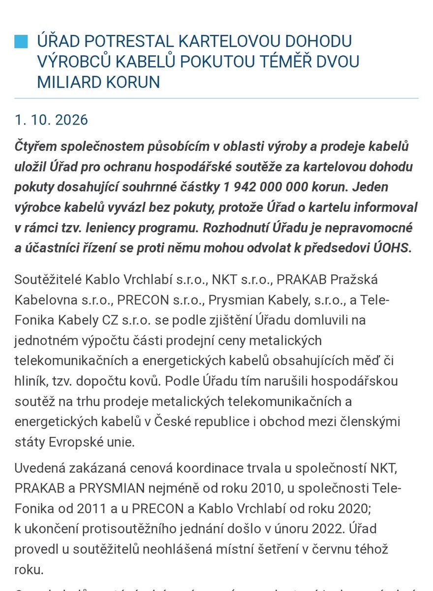 olgarichterova's tweet photo. Rekordní pokuta za nefér dohody! Uložil ji antimonopolní úřad čtyřem firmám v kabelovém kartelu. Jde o 1,942 mld. Kč. Rozhodnutí ještě není konečné. Piráti prosazují reformu ÚOHS, aby mohl co nejúčinněji rozbíjet kartelové dohody a chránit férovou soutěž. Například i u cen potravin či mobilních operátorů. Ovšem v tomto případě i v jiných může vše zvrátit předseda Mlsna. Reforma musí jít ruku v ruce se změnou rozhodování.