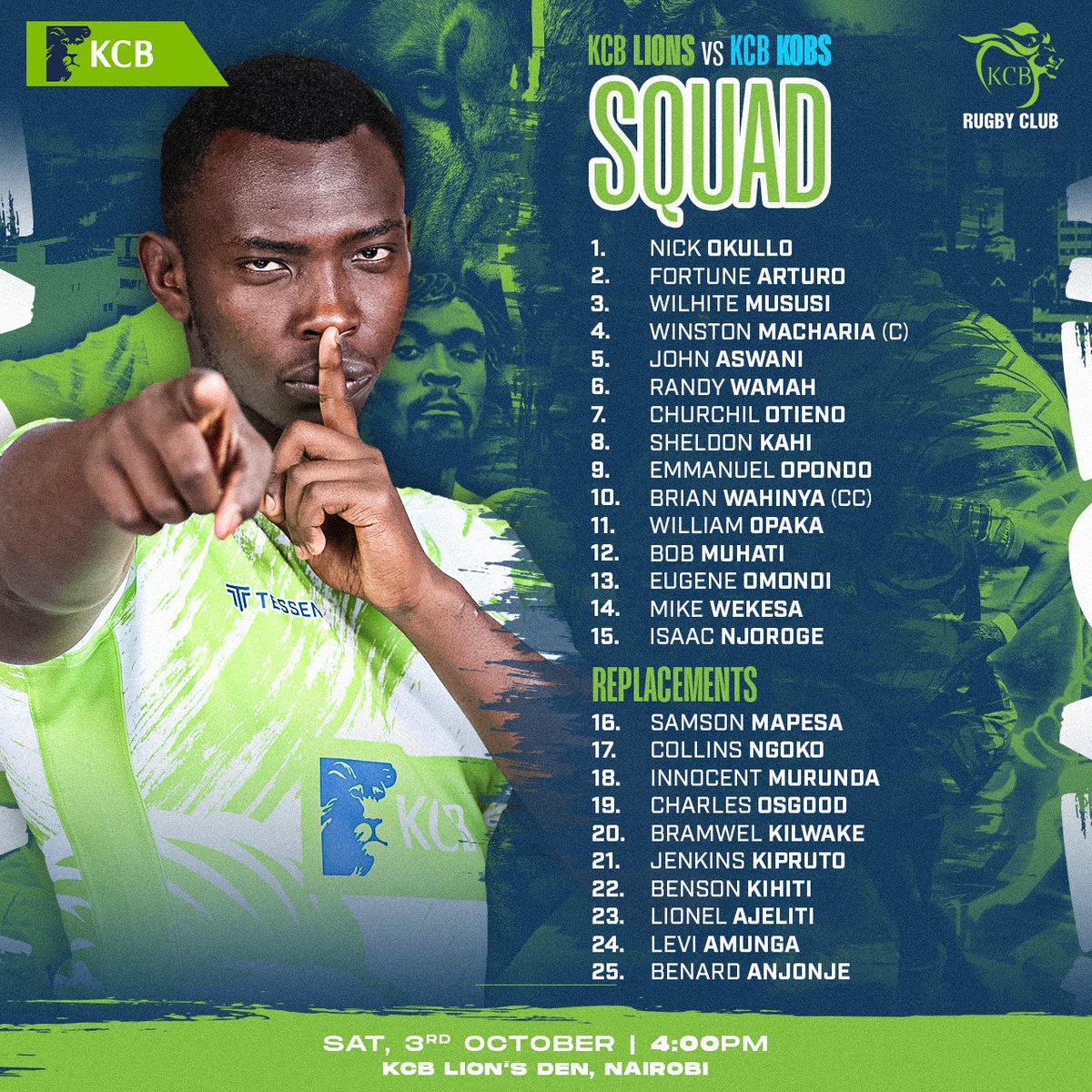 kcbrugby's tweet photo. Here are the Lions on Duty this weekend against KCB Kobs from Kampala Uganda. 
Wishing you a successful hunt Masimba.

#RugbyKe #believe #commitment #lionheartedrugby https://t.co/aHWedIlVpL
