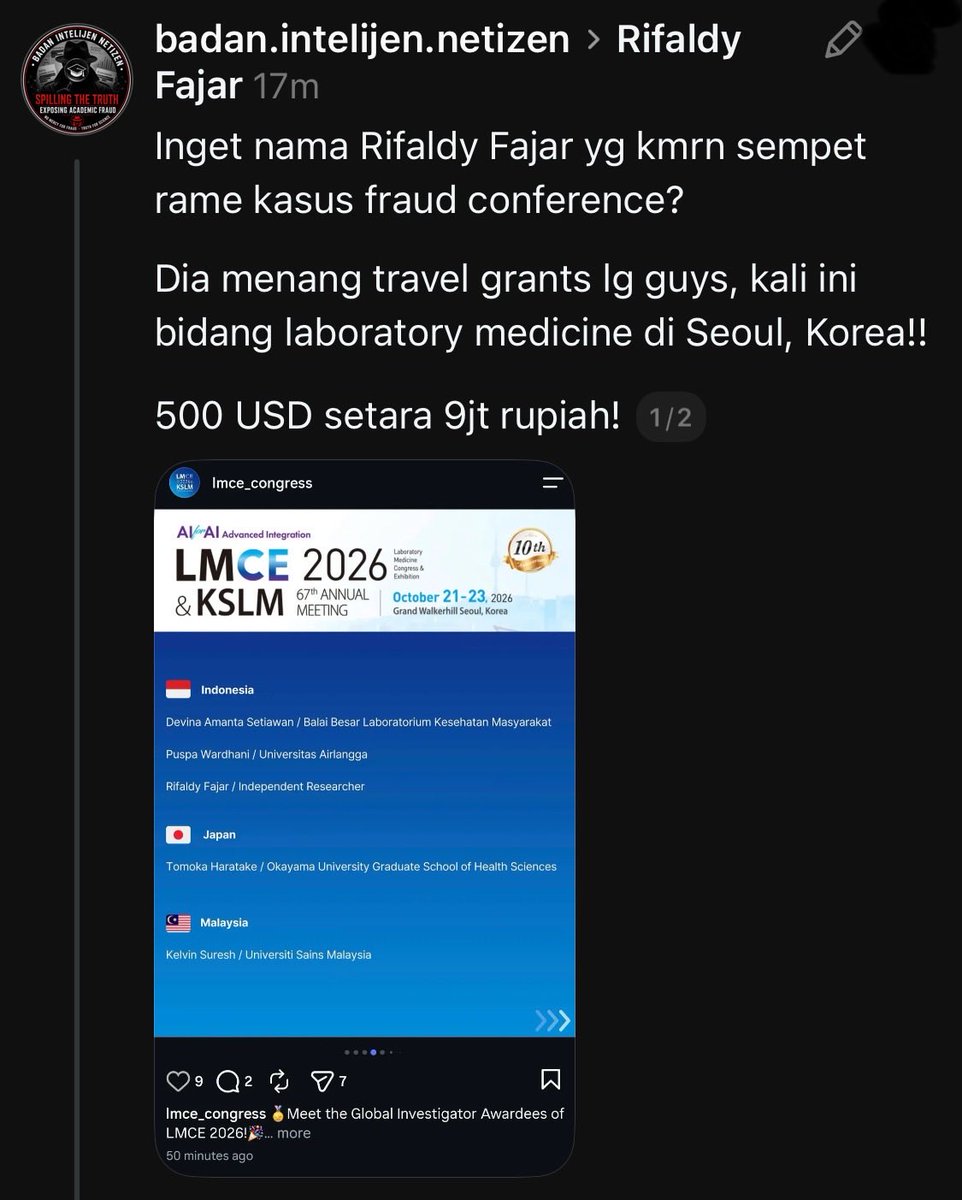 ardisatriawan's tweet photo. Kemarin Prihantini, sekarang Rifaldy Fajar juga ternyata masih aktif ikut conference.

Bener bener ya, setelah huru hara kemarin, ga pernah ada klarifikasi resmi yang saya dengar dari tim mereka.

Yang bikin kecewa lagi, kok pemerintah juga gada tindakan jelas.

Bener bener kek gini bisa berpotensi mempermalukan Indonesia di dunia riset international. Gada kapok kapoknya apa ya?