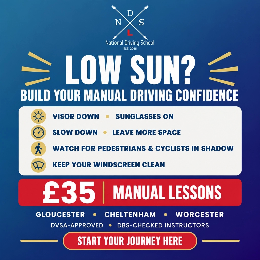 NationalDrivin1's tweet photo. Low sun? Visor down. Slow, space out; watch shadows. £35 manual lessons. Start Your Journey Here: https://t.co/cEiGLVUY1Y #DrivingLessons #ManualDriving #LearnToDrive #LowSun #Gloucester #Cheltenham #Worcester https://t.co/Tl4O0iduap