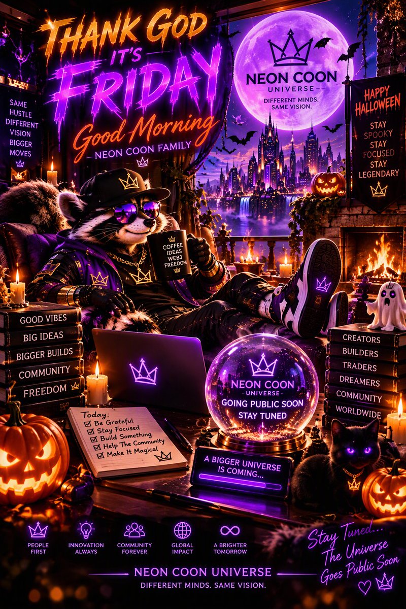 cosmiccoon10304's tweet photo. 🎃👑 TGIF - GOOD MORNING NEON COON FAMILY 👑🎃
The moon is glowing.
The kingdom is waking.
And something magical is brewing behind the neon skyline. ✨🌕
This Halloween season, stay focused, stay building, and stay ready.
The Neon Coon Universe is growing into something bigger than a project.
It's a home for creators. A place for dreamers. A community for builders.
While the world chases hype, we're building legacy.
🎃 Good vibes. ⚡ Big ideas. 👑 Real community. ✨ Bigger dreams.
And trust us...
The best chapters haven't been revealed yet.
🌌 The Neon Coon Universe will be going public soon.
Stay spooky.
Stay legendary.
Stay tuned. 💜
#TGIF #GoodMorning #Halloween #NeonCoon #NeonCoonUniverse #Web3 #CommunityFirst #DifferentMindsSameVision #StayTuned #BigThingsComing 👑🎃⚡✨🌕